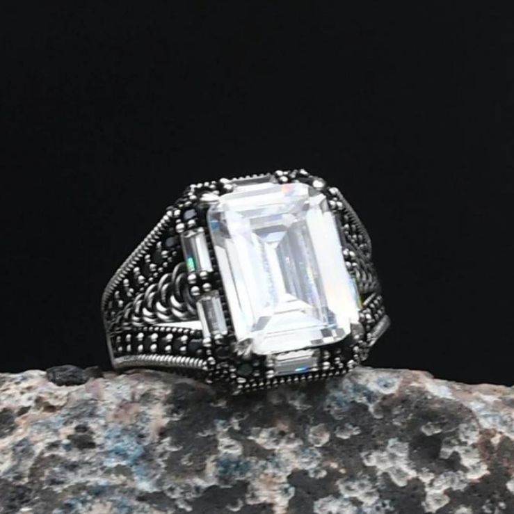 Zircon Stone Embellished White Zircon Stone Baguette Cut 925 Sterling Ring