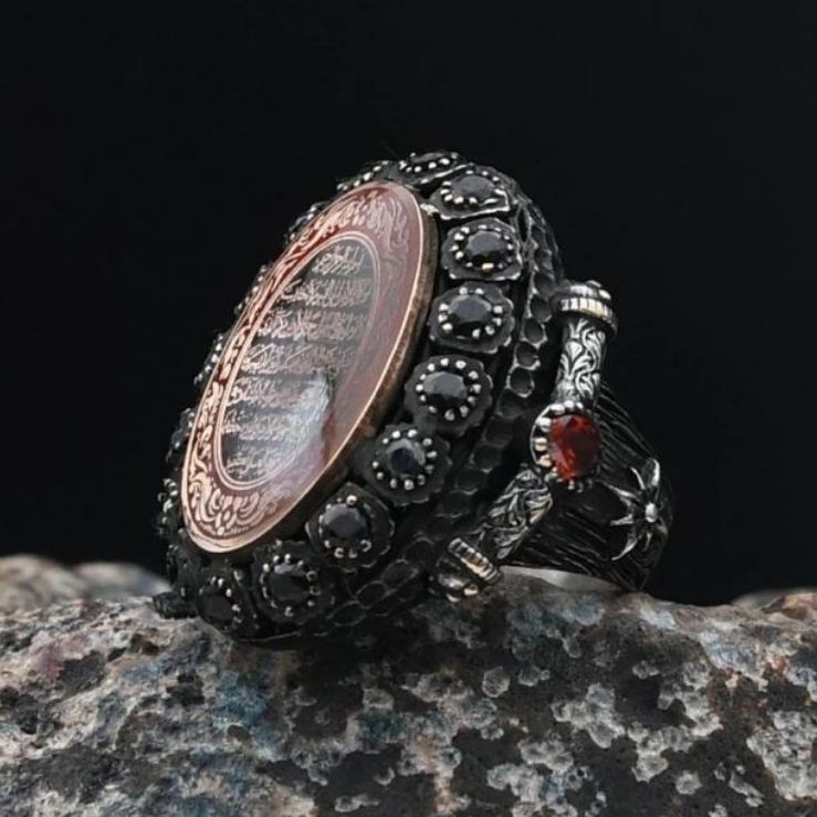 Special Design Ayet-el Kursi Written Enameled 925 Sterling Silver Ring