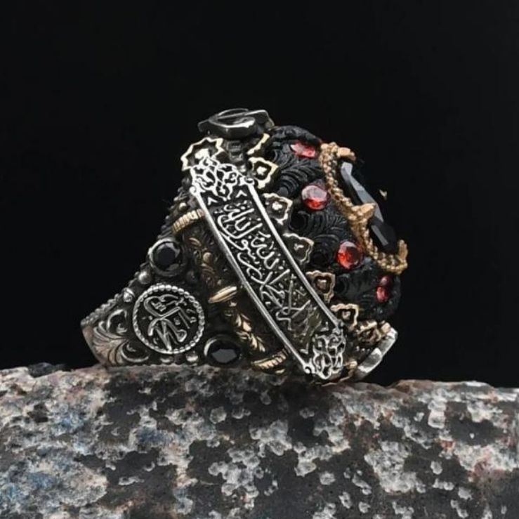 Special Design Amber and Black Zircon Stones and Allah, Muhammad and the Word of Tawhid Written 925 Sterling Silver Ring