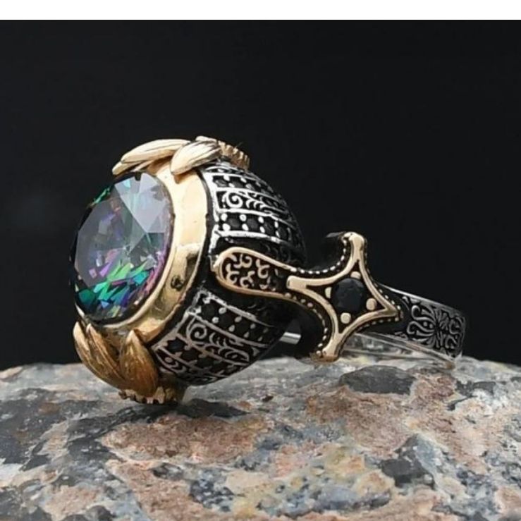 Round Mystic Topaz Stone Sword Shaped 925 Sterling Silver Ring