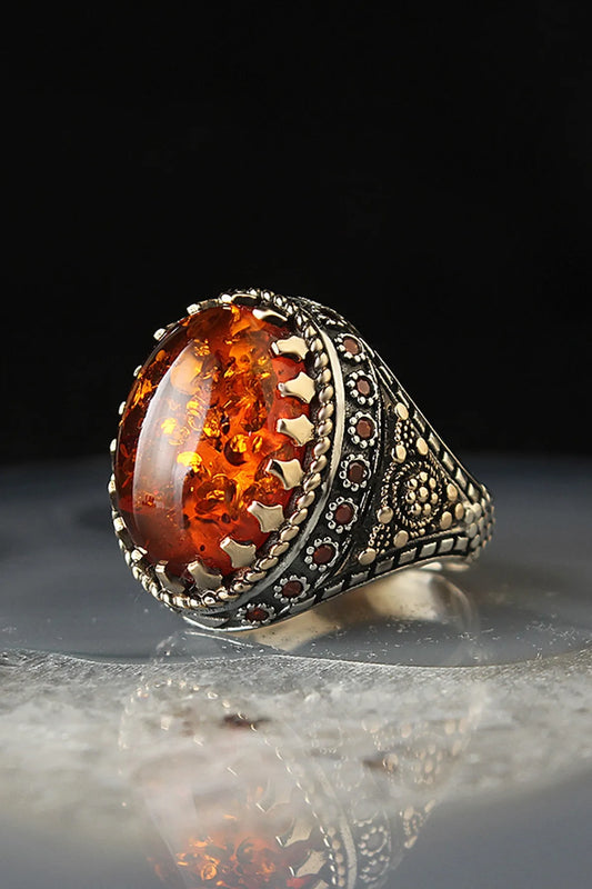 Tight Amber Stone Design 925 Sterling Silver Ring