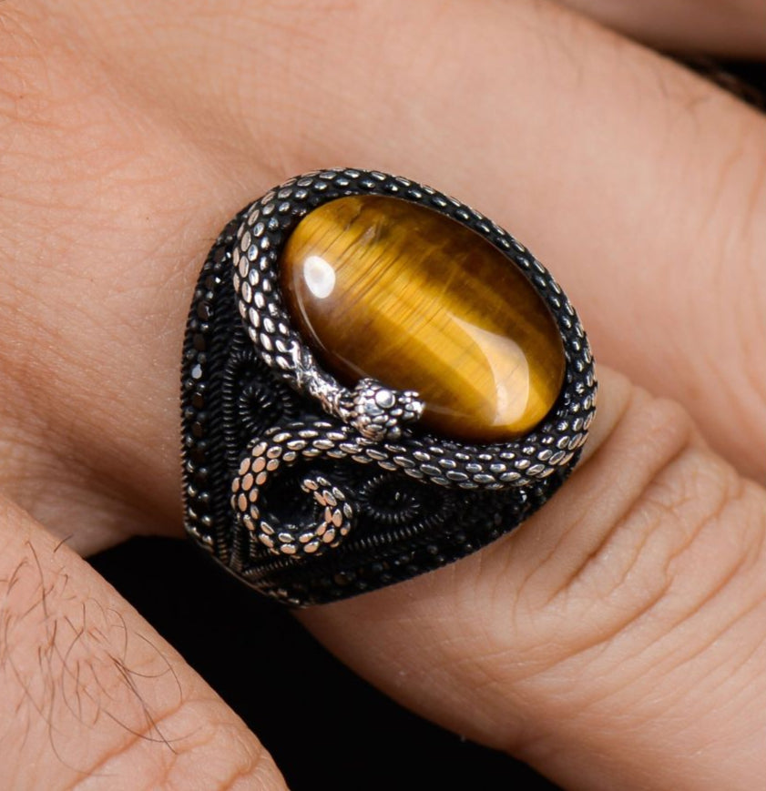 Tiger's Eye Stone Snake 925 Sterling Silver Ring