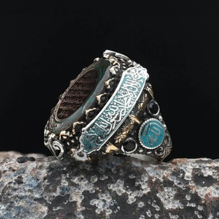 Special Design Ayet-el Kürsi and Kelima-i Tawhid and Allah and Muhammad Written Enameled 925 Sterling Silver Ring