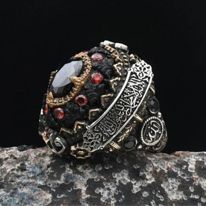Special Design Amber and Black Zircon Stones and Allah, Muhammad and the Word of Tawhid Written  925 Sterling Silver Ring