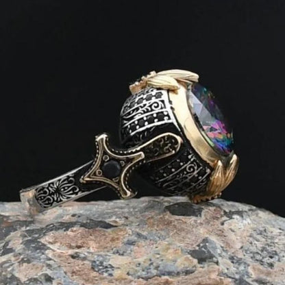 Round Mystic Topaz Stone Sword Shaped 925 Sterling Silver Ring