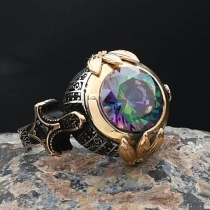 Round Mystic Topaz Stone Sword Shaped 925 Sterling Silver Ring