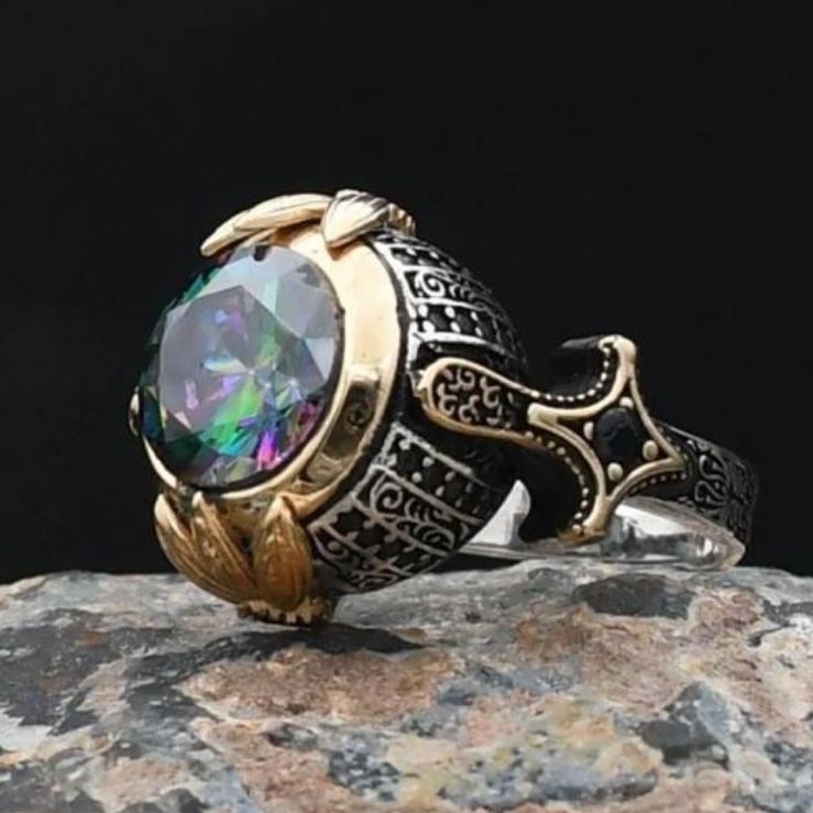 Round Mystic Topaz Stone Sword Shaped 925 Sterling Silver Ring