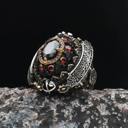 Special Design Amber and Black Zircon Stones and Allah, Muhammad and the Word of Tawhid Written  925 Sterling Silver Ring