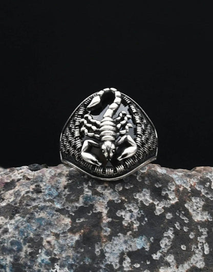 Black Zircon Stone Scorpion Figure 925 Sterling Silver Men's Ring