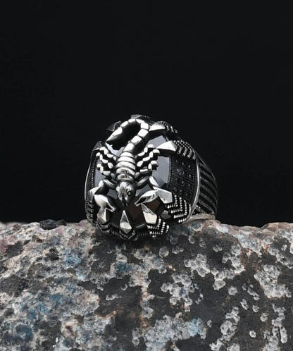 Scorpion Figured Black Zircon Stone 925 Sterling Silver Men's Ring