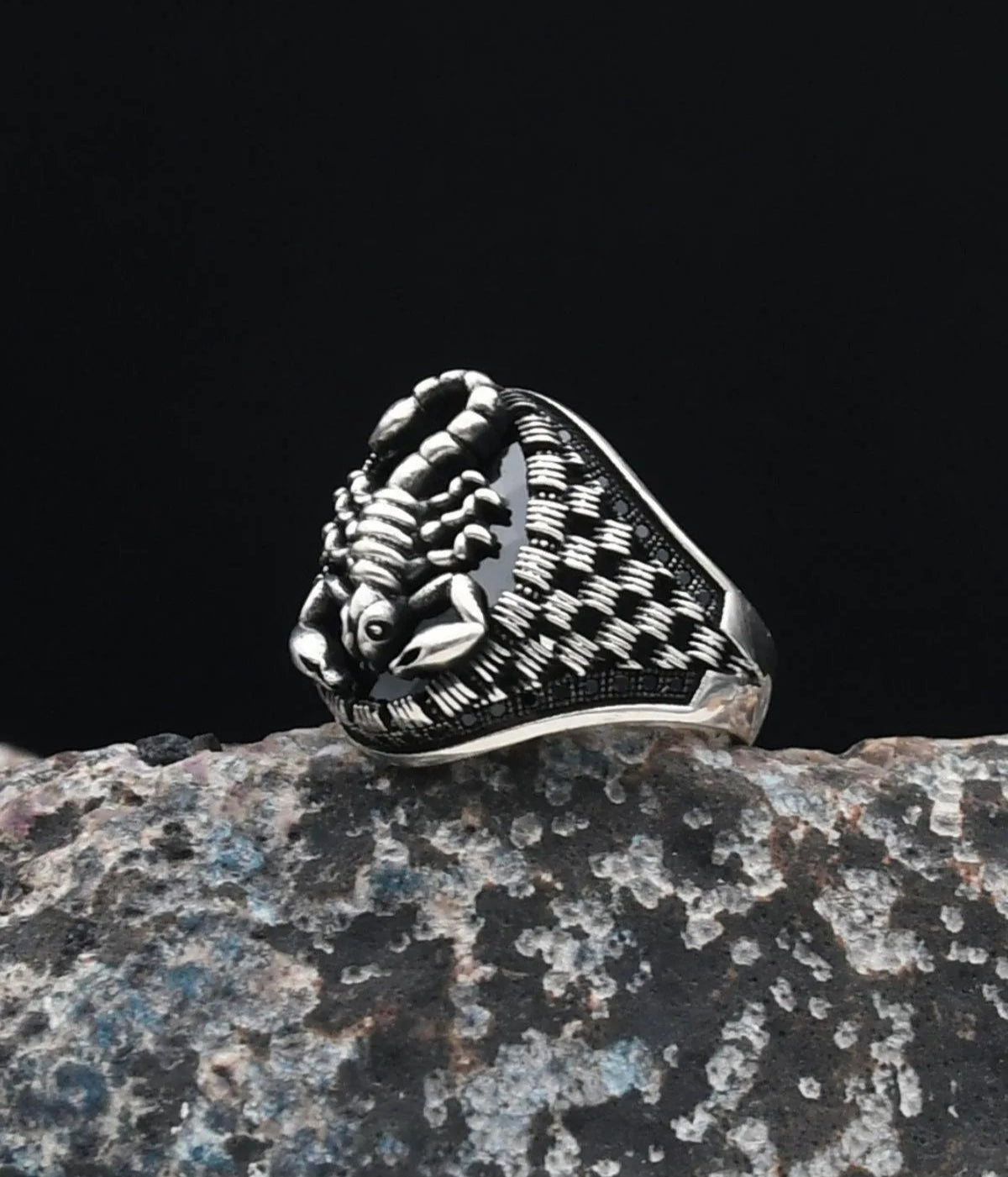 Black Zircon Stone Scorpion Figure 925 Sterling Silver Men's Ring