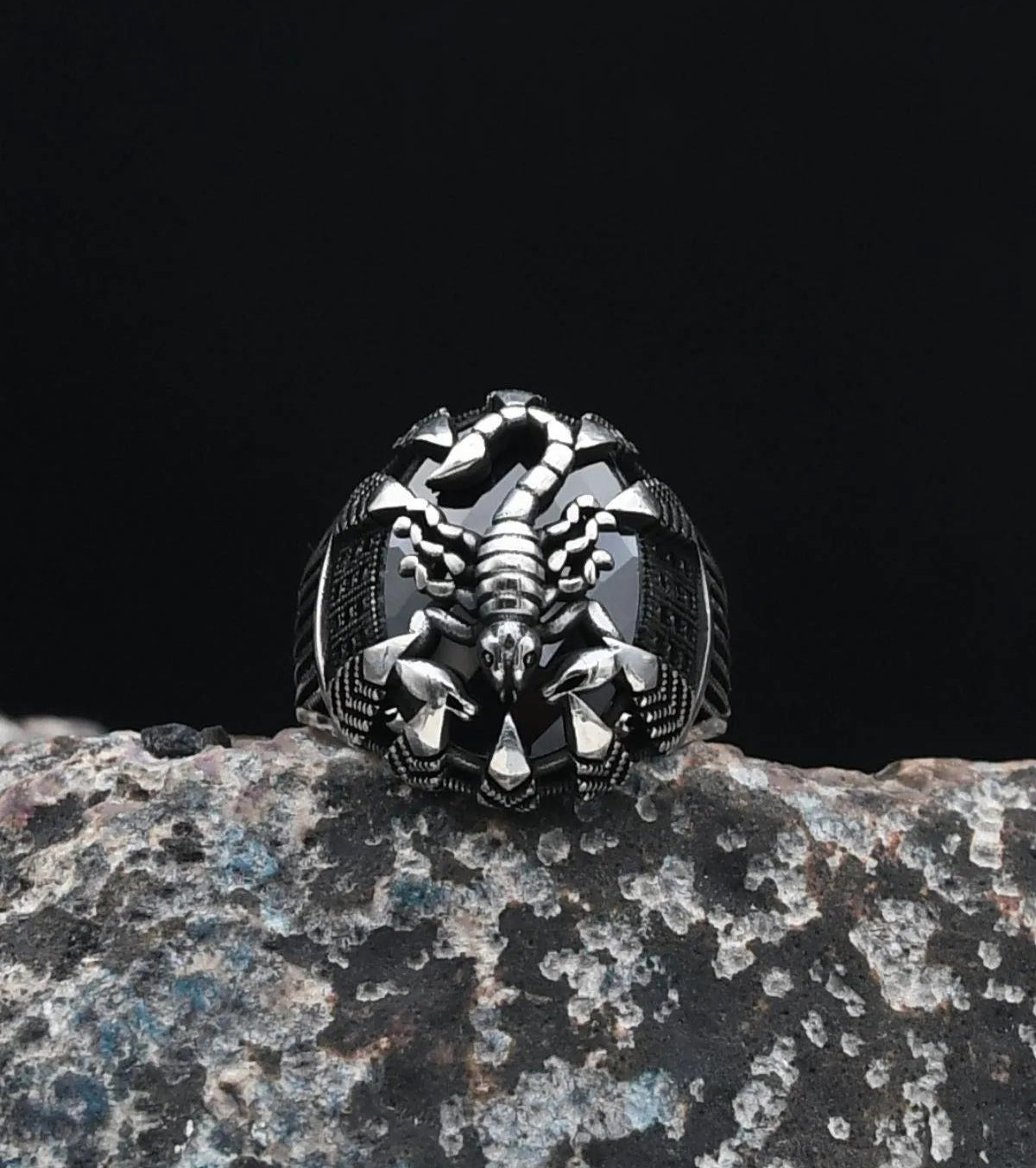 Scorpion Figured Black Zircon Stone 925 Sterling Silver Men's Ring