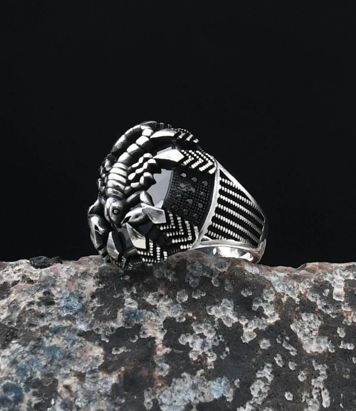 Scorpion Figured Black Zircon Stone 925 Sterling Silver Men's Ring