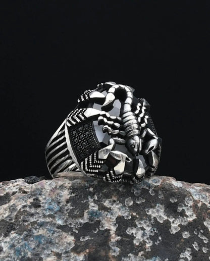 Scorpion Figured Black Zircon Stone 925 Sterling Silver Men's Ring