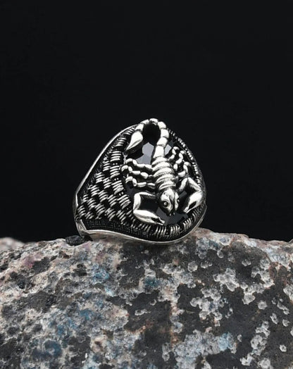 Black Zircon Stone Scorpion Figure 925 Sterling Silver Men's Ring