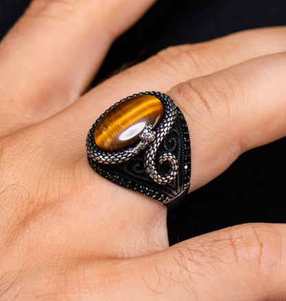 Tiger's Eye Stone Snake 925 Sterling Silver Ring