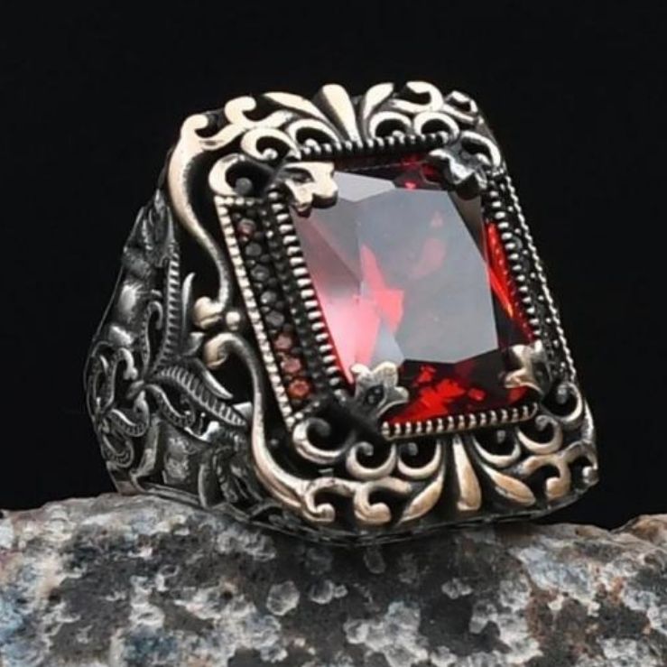Special Design Red Zircon Stone Embellished 925 Sterling Silver Ring