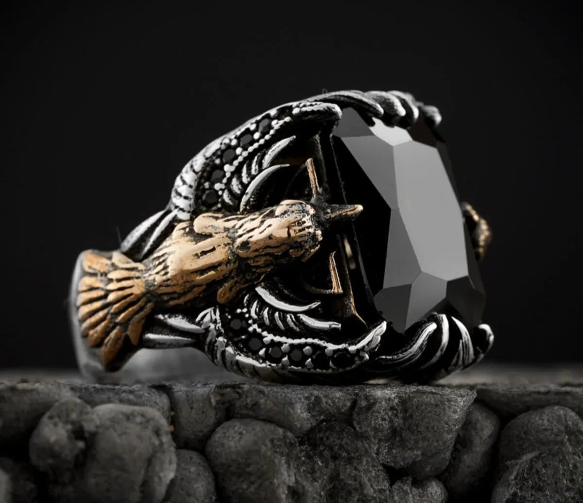 Black Zircon Stone Eagle 925 Sterling Silver Ring