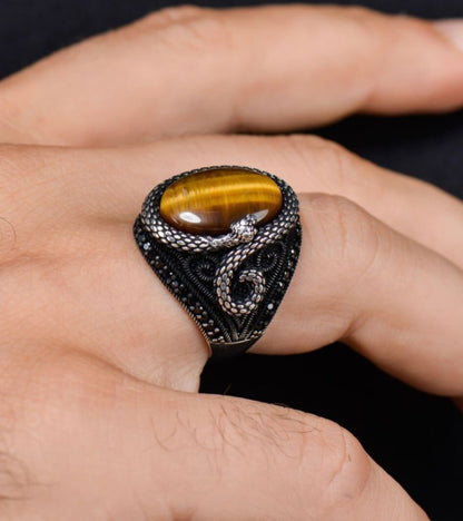 Tiger's Eye Stone Snake 925 Sterling Silver Ring