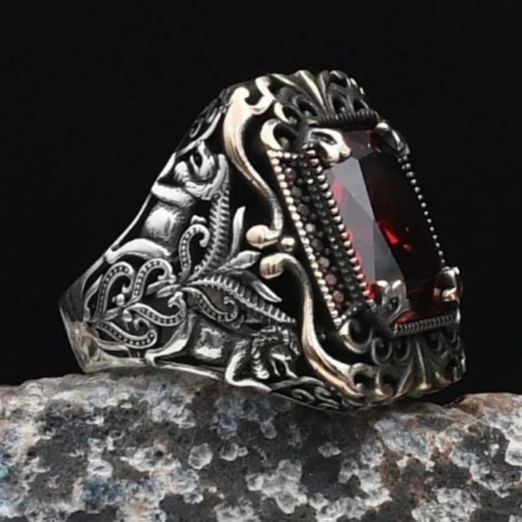 Special Design Red Zircon Stone Embellished 925 Sterling Silver Ring