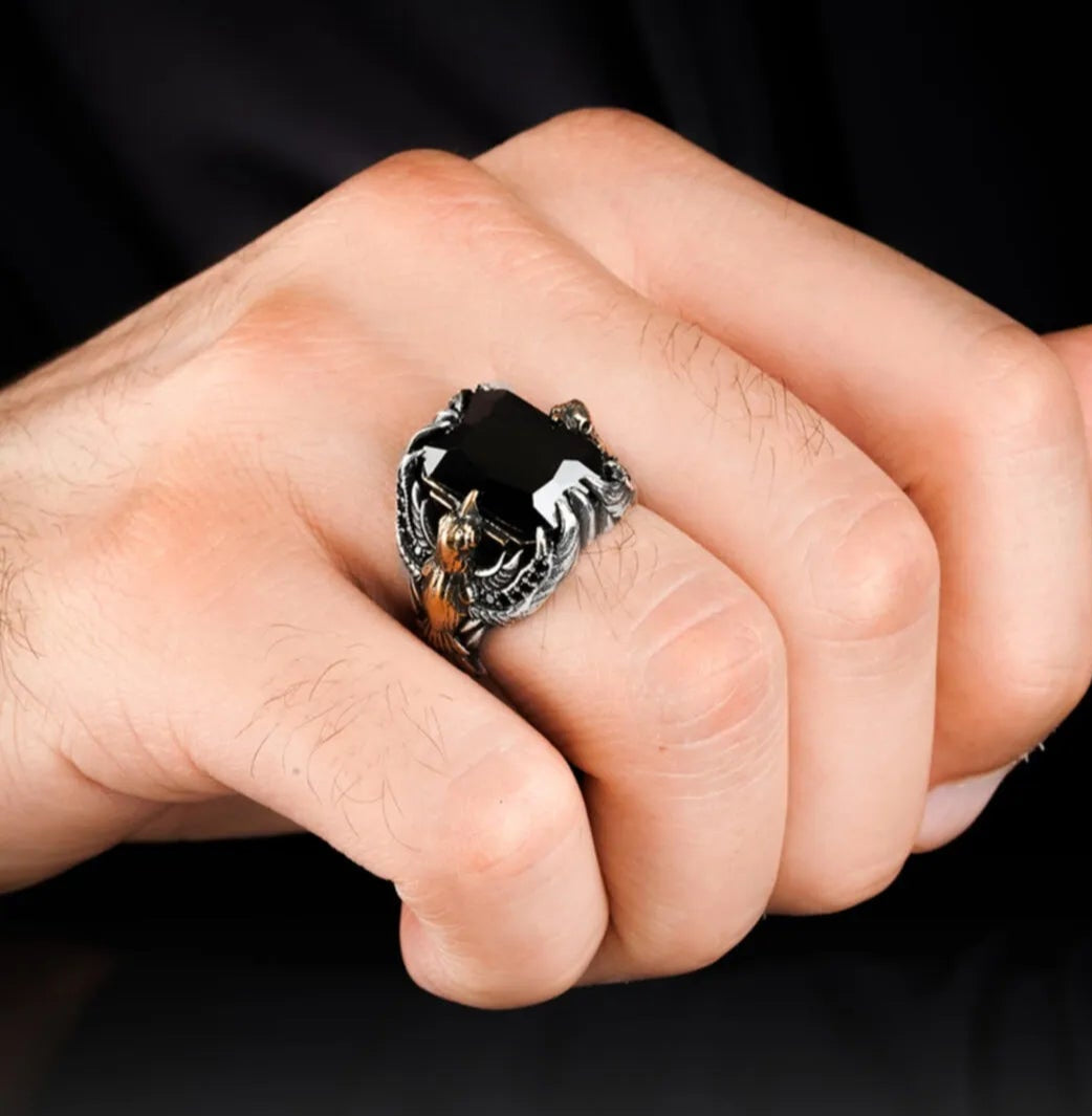 Black Zircon Stone Eagle 925 Sterling Silver Ring