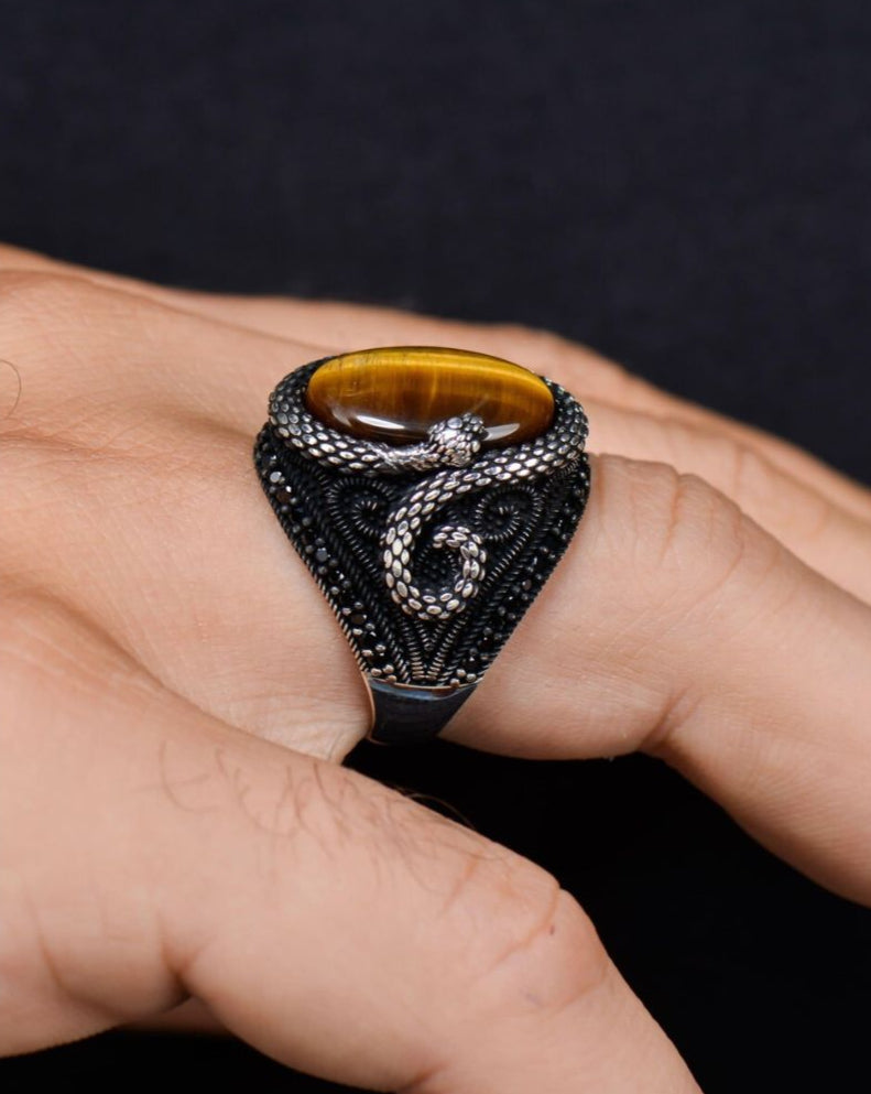 Tiger's Eye Stone Snake 925 Sterling Silver Ring