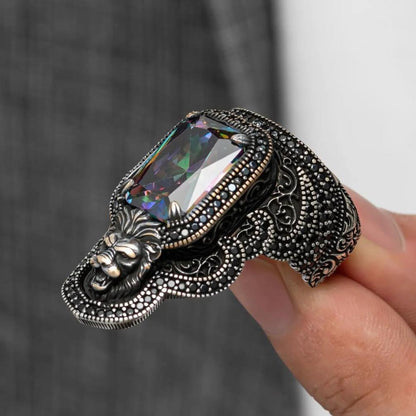 Zahgar Style Mystic Topaz Stone Lion 925 Sterling Silver Ring