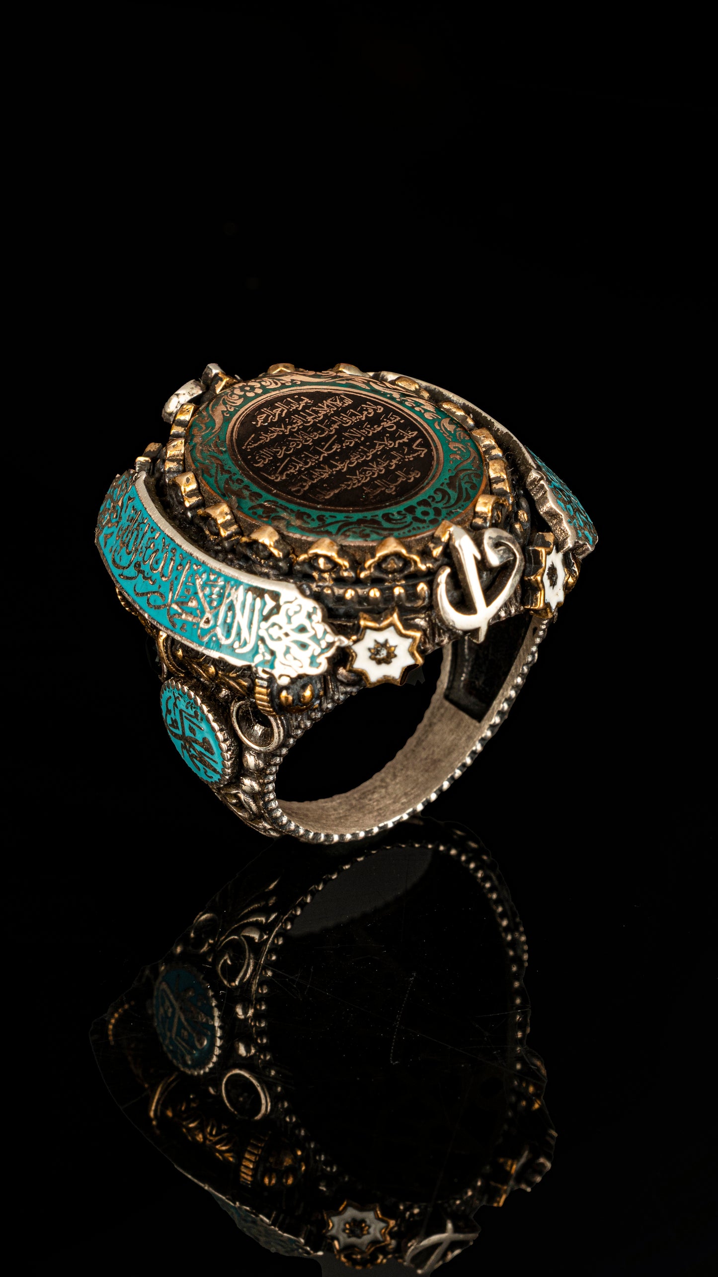 Special Design Ayet-el Kürsi and Kelima-i Tawhid and Allah and Muhammad Written Enameled 925 Sterling Silver Ring