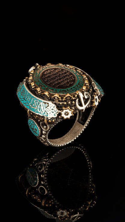 Special Design Ayet-el Kürsi and Kelima-i Tawhid and Allah and Muhammad Written Enameled 925 Sterling Silver Ring