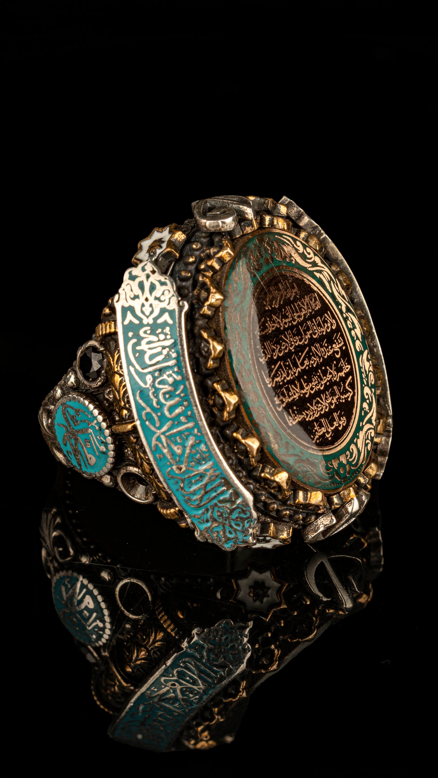Special Design Ayet-el Kürsi and Kelima-i Tawhid and Allah and Muhammad Written Enameled 925 Sterling Silver Ring