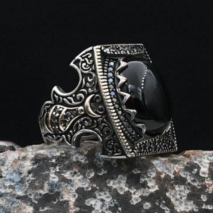 Onyx Stone Minaret Figured 925 Sterling Silver Ring