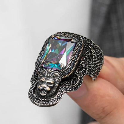 Zahgar Style Mystic Topaz Stone Lion 925 Sterling Silver Ring