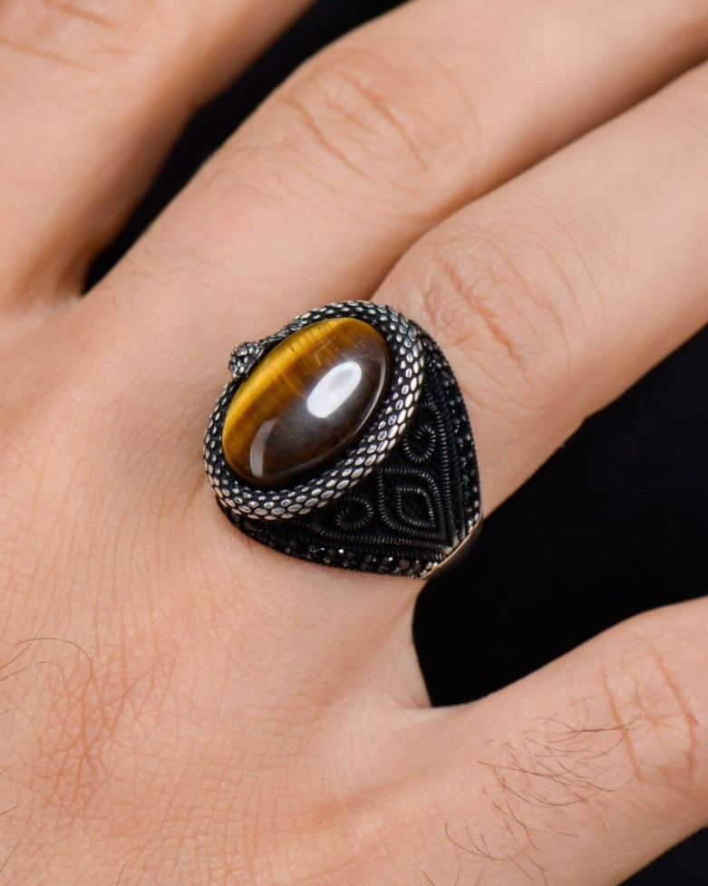 Tiger's Eye Stone Snake 925 Sterling Silver Ring