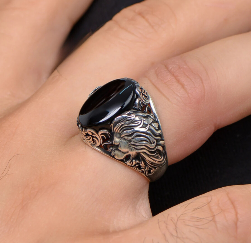 Onyx Stone Lion 925 Sterling Silver Ring