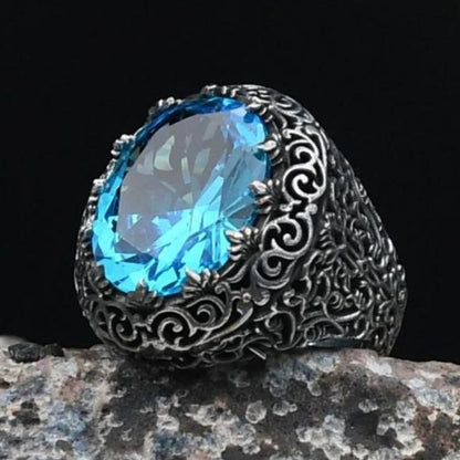 Aquamarine Stone Embroidered 925 Sterling Silver Ring