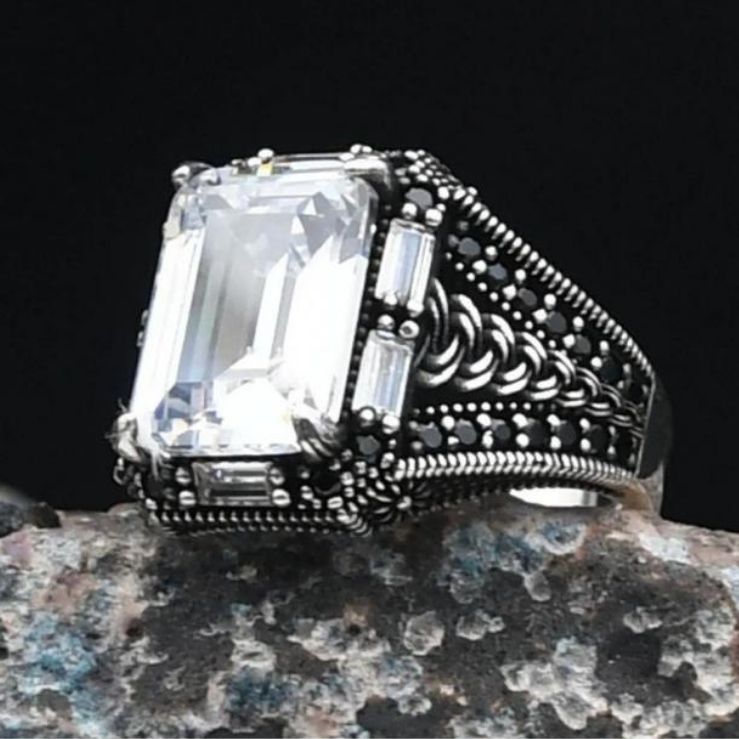 Zircon Stone Embellished White Zircon Stone Baguette Cut 925 Sterling Ring
