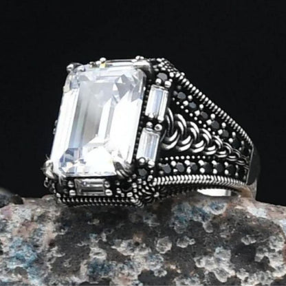 Zircon Stone Embellished White Zircon Stone Baguette Cut 925 Sterling Ring