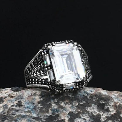 Zircon Stone Embellished White Zircon Stone Baguette Cut 925 Sterling Ring