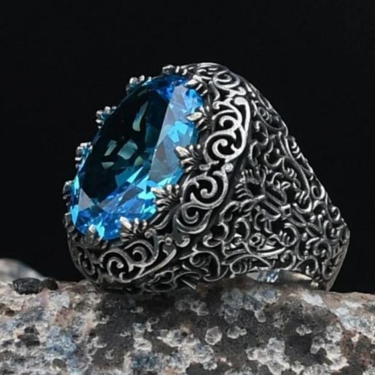 Aquamarine Stone Embroidered 925 Sterling Silver Ring