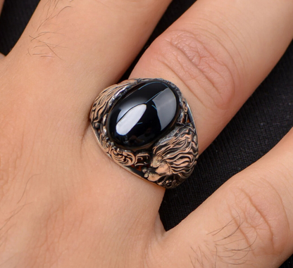 Onyx Stone Lion 925 Sterling Silver Ring