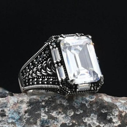 Zircon Stone Embellished White Zircon Stone Baguette Cut 925 Sterling Ring