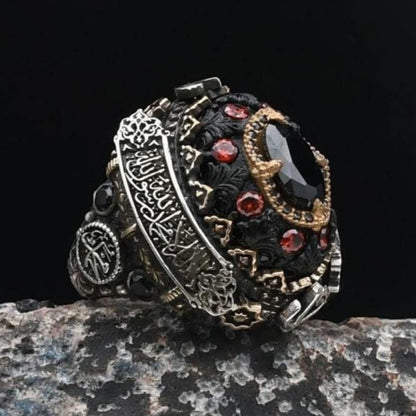 Special Design Amber and Black Zircon Stones and Allah, Muhammad and the Word of Tawhid Written  925 Sterling Silver Ring