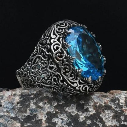 Aquamarine Stone Embroidered 925 Sterling Silver Ring