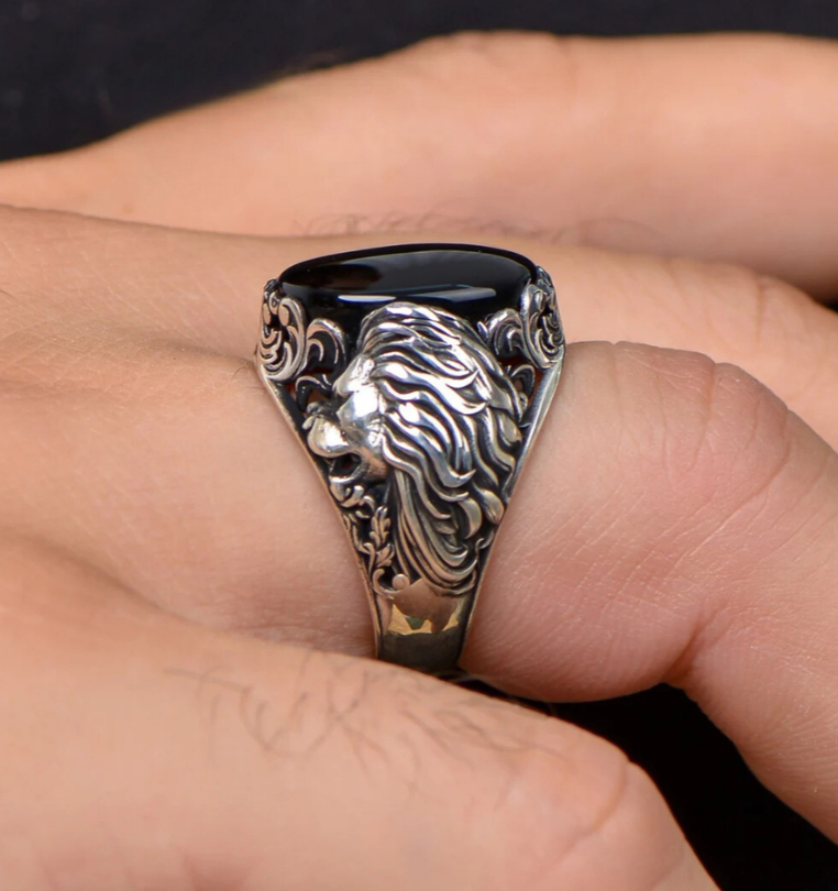 Onyx Stone Lion 925 Sterling Silver Ring