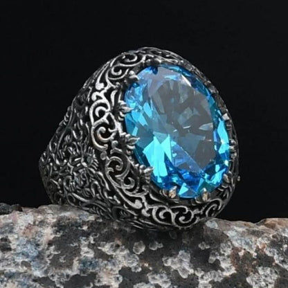 Aquamarine Stone Embroidered 925 Sterling Silver Ring