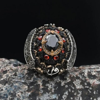 Special Design Amber and Black Zircon Stones and Allah, Muhammad and the Word of Tawhid Written  925 Sterling Silver Ring