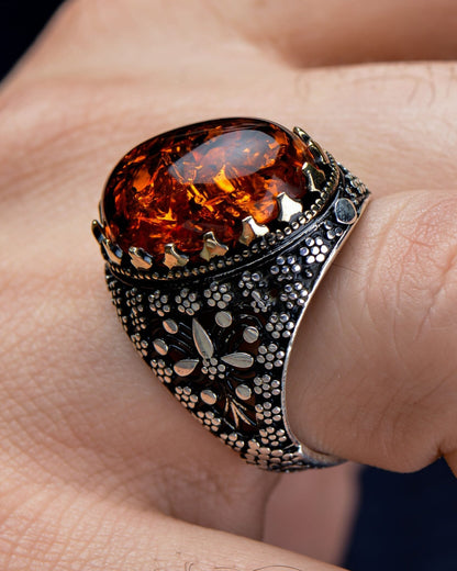 Tight Amber Stone Design 925 Sterling Silver Ring