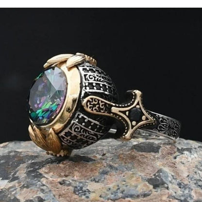 Round Mystic Topaz Stone Sword Shaped 925 Sterling Silver Ring
