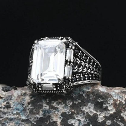 Zircon Stone Embellished White Zircon Stone Baguette Cut 925 Sterling Ring