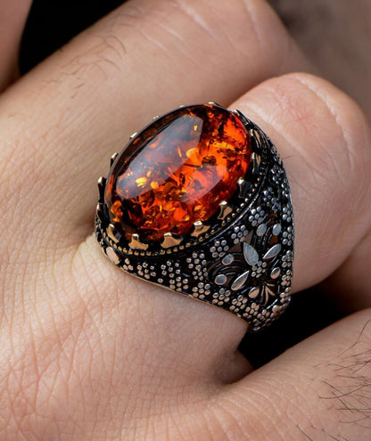 Tight Amber Stone Design 925 Sterling Silver Ring